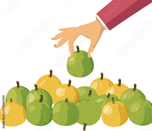 Cropped hand selecting fresh fruit, encouraging conscious living, sustainability education, and healthy routines
