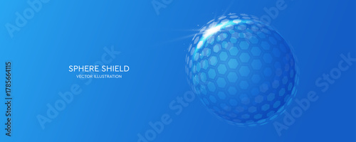 Futuristic glass sphere shield with hexagon pattern. Transparent protection dome. Digital force field technology. Vector illustration.