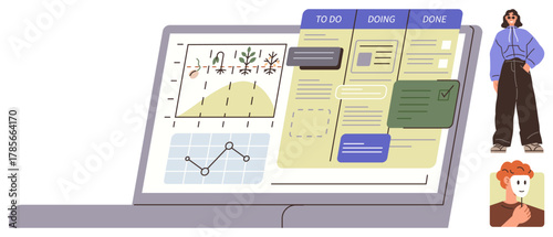 Laptop screen with charts, task board for productivity tracking, two people as team members. Ideal for teamwork, project management, productivity, analytics, planning, collaboration simple flat