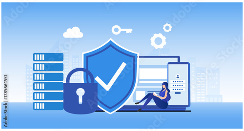 Cyber security and data protection privacy, PDPA concept. Businessman secure data management and protect data from hacker attacks and padlock icon to internet technology networking vector illustratio
