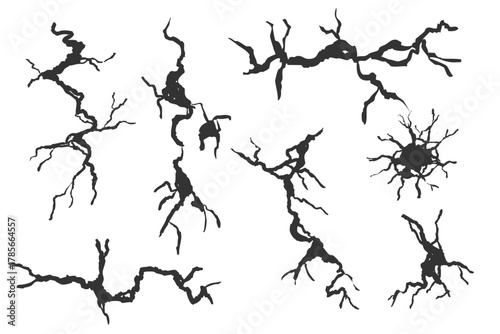 Crack wall, ground texture breaks on land surface. Ground fissure line sketch set. Crash fracture, land damage, earthquake