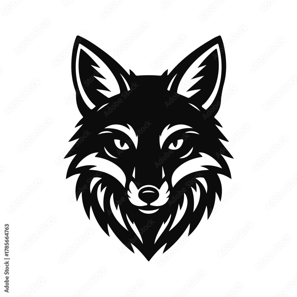 Obraz premium Fox head silhouette in black and white vector style, elegant wild animal face with sharp eyes and pointed ears, fox head, fox face, wild animal, forest predator, wildlife art