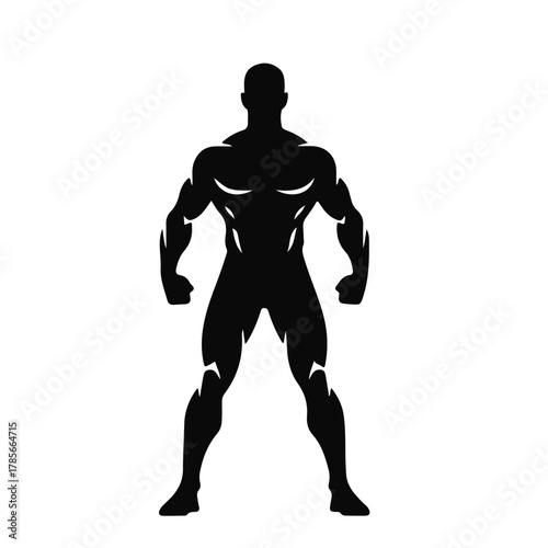 Strong male silhouette in standing pose, muscular bodybuilder figure in black and white vector style, fitness strength concept, muscle man, bodybuilder vector, gym athlete