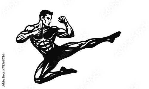 Muscular fighter performing jumping kick in black and white vector style, dynamic martial arts action, fighter kick, martial artist, combat pose, sport power