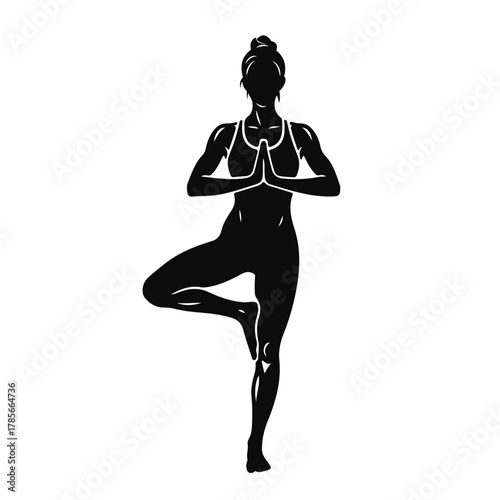 Woman standing in yoga pose on one leg, elegant female silhouette balancing in tree pose, yoga woman, fitness pose, balance art, meditation figure, healthy lifestyle
