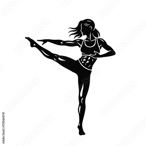 Fit woman silhouette in dynamic pose, athletic female body doing fitness kick exercise, black and white vector illustration symbolizing strength, balance, workout, dance motion
