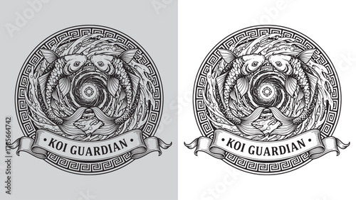 Koi Guardian - Twin Koi Fish with Gem in Swirling Water and Greek Key Border