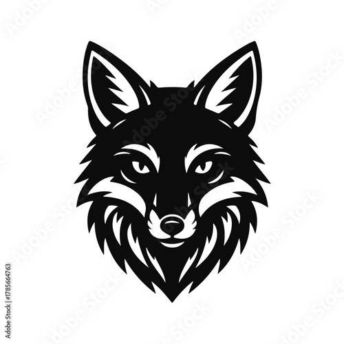 Fox head silhouette in black and white vector style, elegant wild animal face with sharp eyes and pointed ears, fox head, fox face, wild animal, forest predator, wildlife art