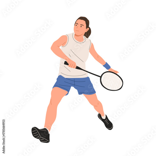 Female badminton player in action holding racket, focused athlete playing match, flat vector illustration isolated on white background
