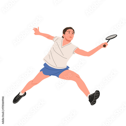 Female badminton player in action holding racket, focused athlete playing match, flat vector illustration isolated on white background