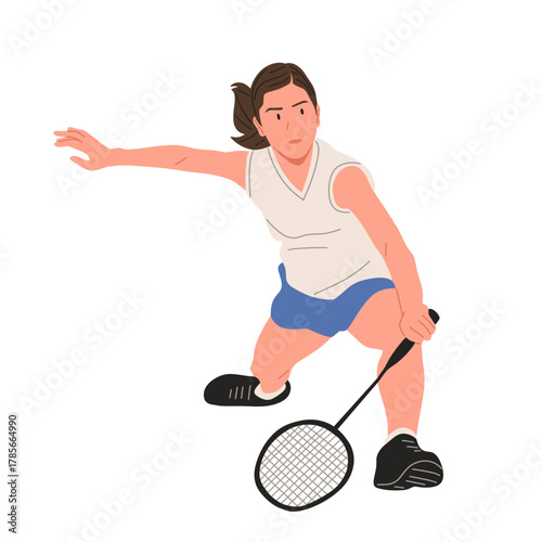 Female badminton player in action holding racket, focused athlete playing match, flat vector illustration isolated on white background