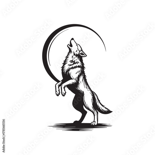PrintIllustrative wolf howling to moon in black and white graphic art