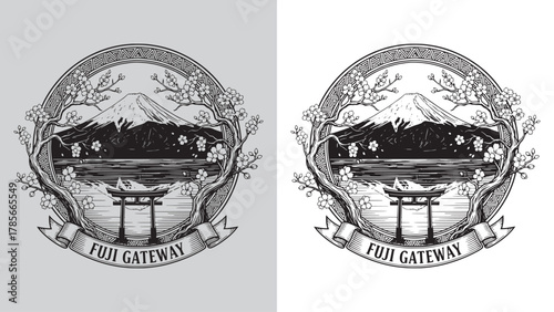 Fuji Gateway - Mount Fuji Landscape with Torii Gate Framed by Sakura Trees