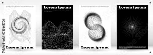 Set of Minimal Vector Magazine Design with Circles and Wave Lines. Abstract Background with Swirl Lines. Good for Brand Identity or Music Fest Invitation. Digital Style.