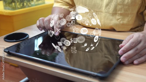 Finger touching tablet with global network. social media ,media marketing, Interesting Media