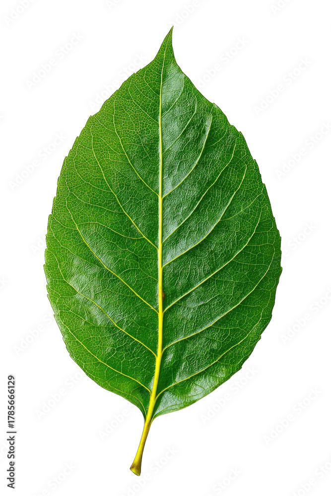 Obraz premium Isolated single green leaf with prominent central yellow vein.
