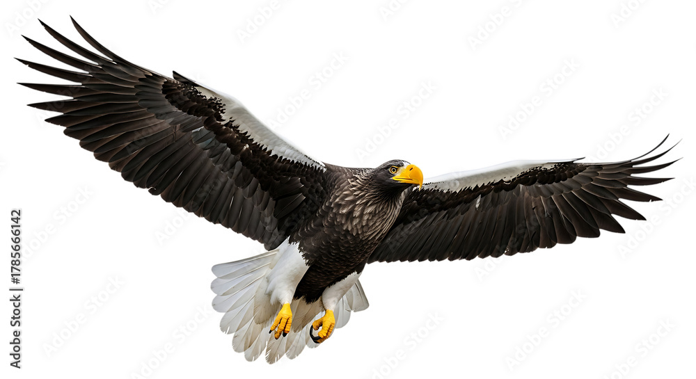 Fototapeta premium Steller's Sea Eagle, with wings spread in flight showcasing dark brown and white plumage and yellow beak, cutout, PNG isolated on white or transparent background