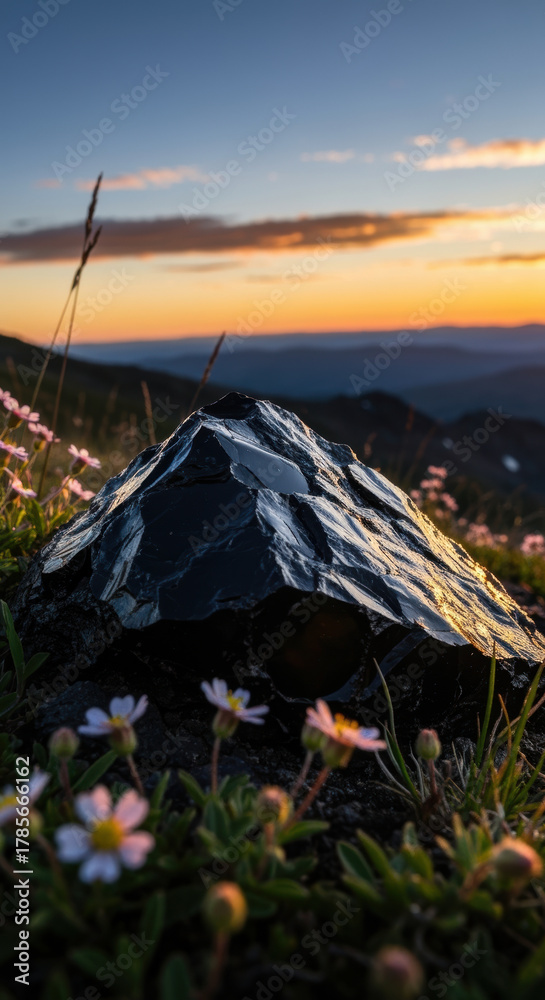 Fototapeta premium Glossy black obsidian rock surrounded by wildflowers on a mountain slope at sunset with scenic distant valley and glowing sky