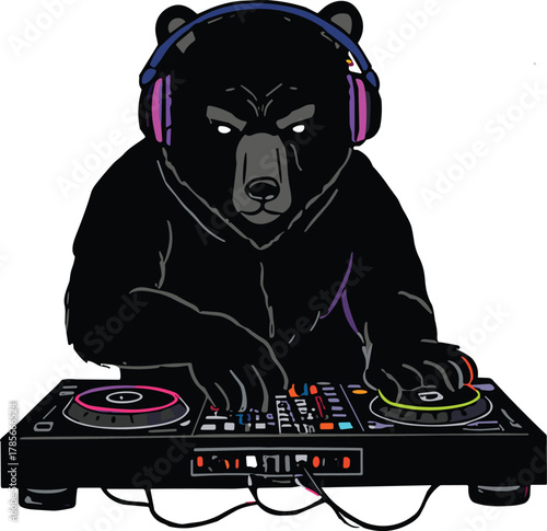 Cartoon bear silhouette wearing headphones operating DJ mixing console, playful animal nightlife artwork, modern entertainment music vector illustration