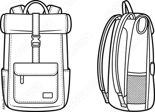 Backpack illustration, front view, side view, technical drawing, travel gear, school bag, line art, vector sketch, black and white