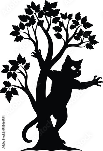 Cartoon cat silhouette clinging to tree trunk with branches and leaves, whimsical animal nature artwork, dynamic playful vector illustration