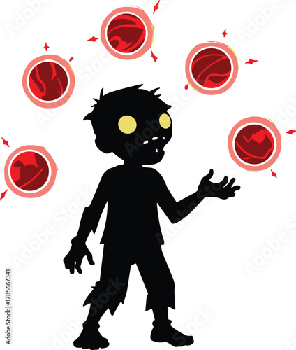 Dark fantasy silhouette sorcerer with glowing yellow eyes summoning red magical orbs, mystical undead necromancer illustration, supernatural vector digital artwork