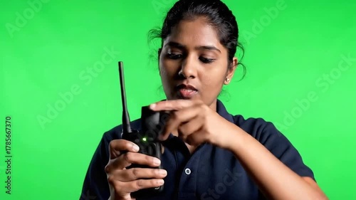 Young Woman Operating Two Way Radio Communicator on Green Screen Background