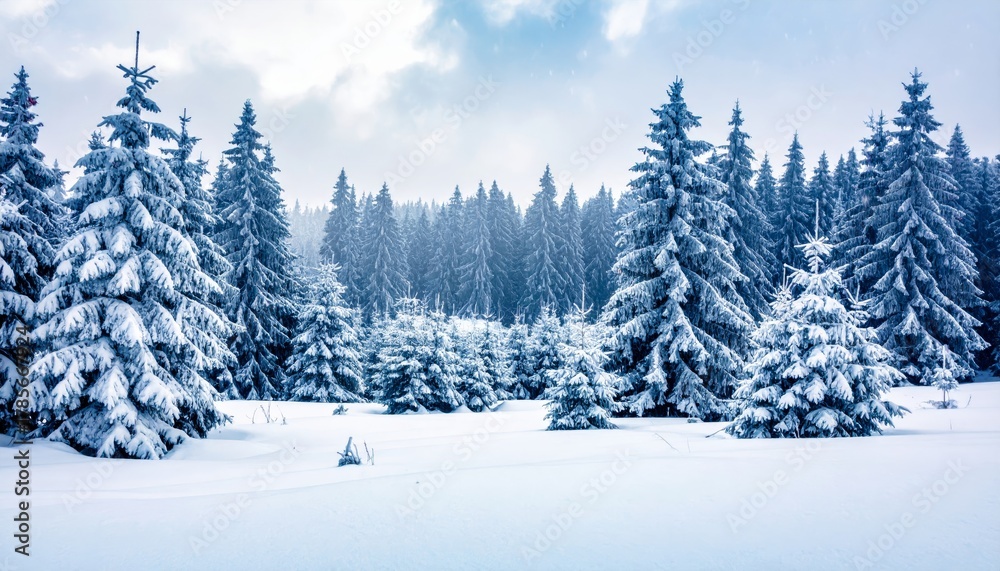 Fototapeta premium Beautiful blue winter landscape with snow-covered pine trees and frozen mountain forest scene