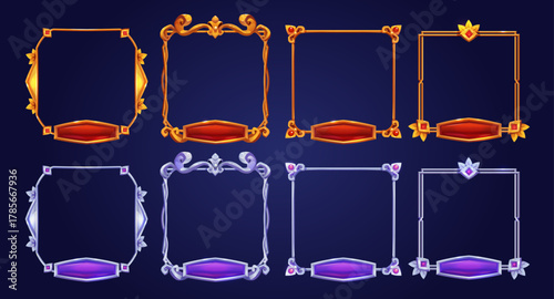 Golden silver vintage game frames, borders buttons