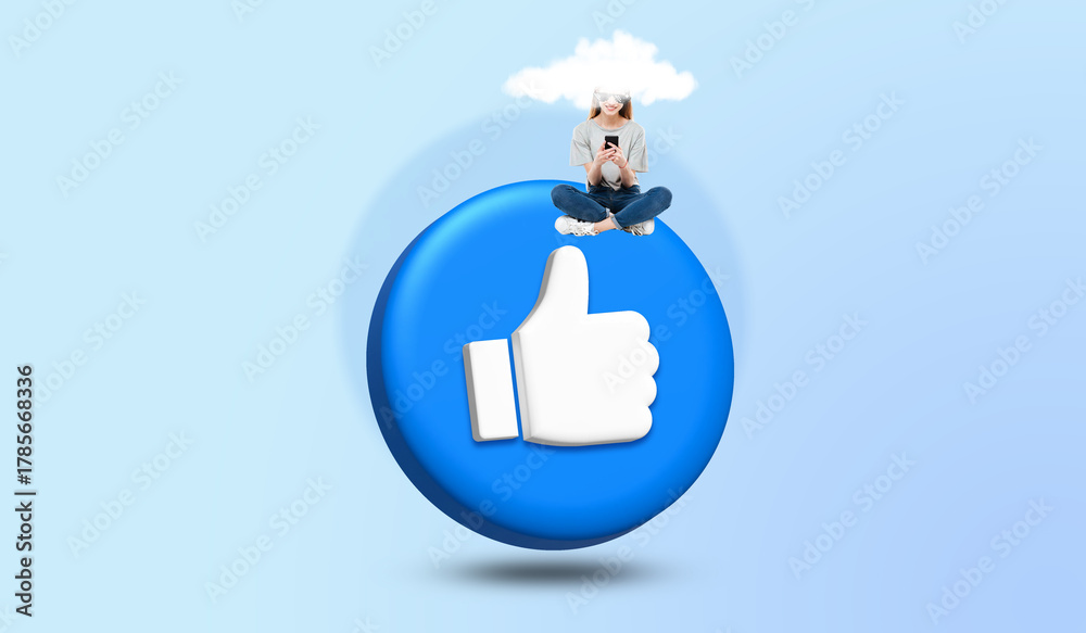 Obraz premium A young woman sitting holding a smartphone on big like or thumb up icon, Influencer concept, Thumbs up like feedback, Social media engagement, Modern art collage