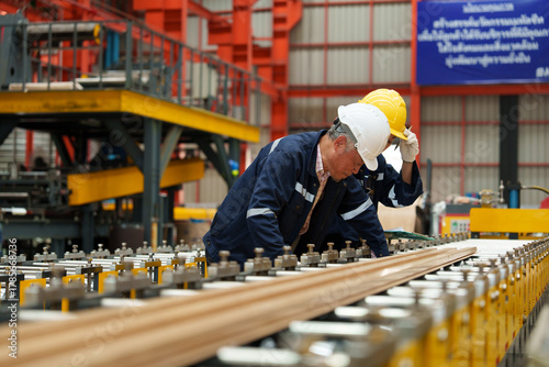 Engineers and staff inspect the production line of components in a metal sheet and metal roofing manufacturing plant.