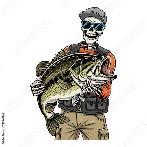 skeleton fisherman holding a bass fish wearing a cap, vest, and blue sunglasses
