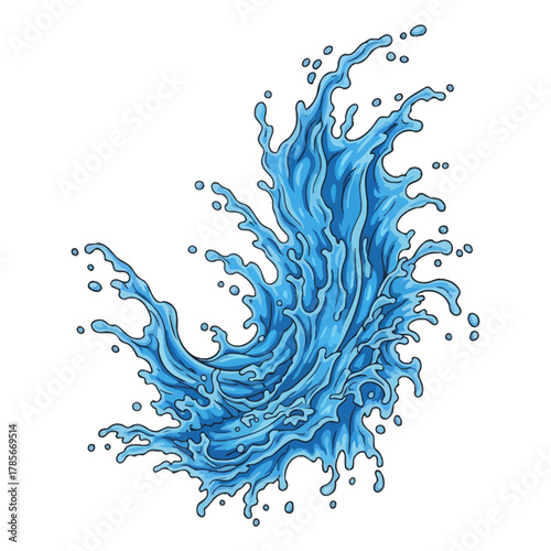 Dynamic blue water splash or wave burst illustration with drops and foam
