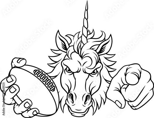 Unicorn horse stallion American football angry sports team mascot holding a ball.