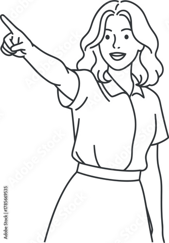 Woman pointing with an excited expression in a simple line drawing style