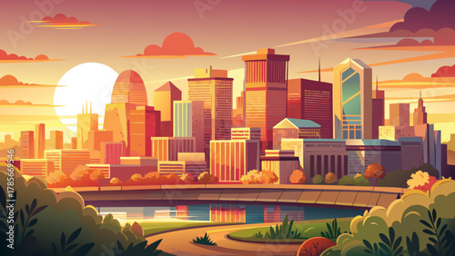 Very beautiful summer sunrise view of Rochester, Minnesota, USA, featuring warm golden light over the downtown skyline, modern buildings, soft morning haze, and a realistic vibrant urban cityscape.