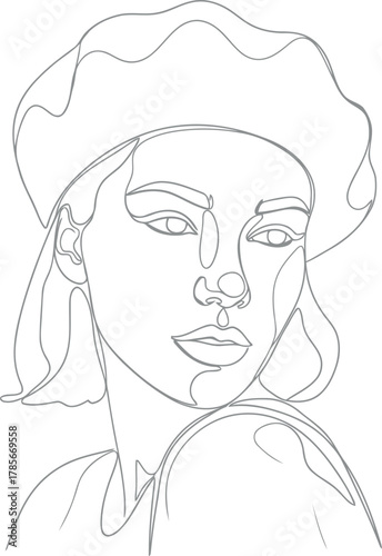 Minimalist line art portrait of a woman wearing a stylish beret