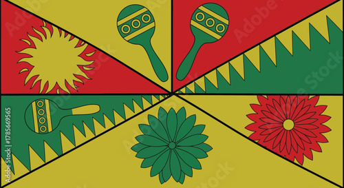 Colorful geometric pattern with sun maracas and flower illustration editable