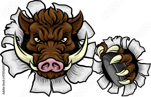 A wild boar, hog razorback warthog pig hockey sports cartoon mascot