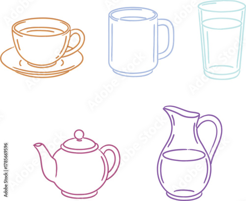 Drinkware sketch icons cup mug glass teapot pitcher