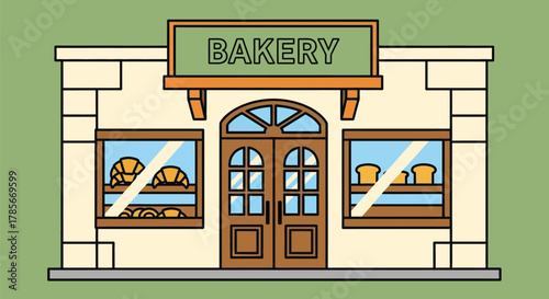 Bakery shop front illustration with pastries and baked goods view editable
