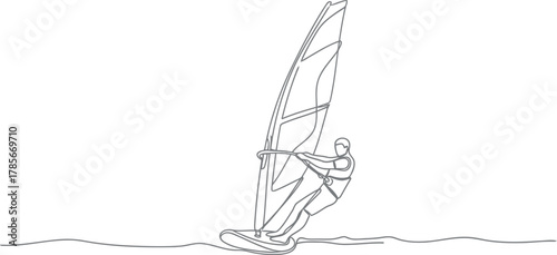 Minimalist line drawing of a windsurfer on wavy water