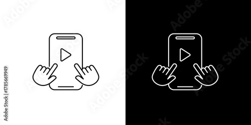 Mobile phone with play button icon, depicting hands tapping to start video streaming or online content playback on a smartphone screen, user interface interaction concept
