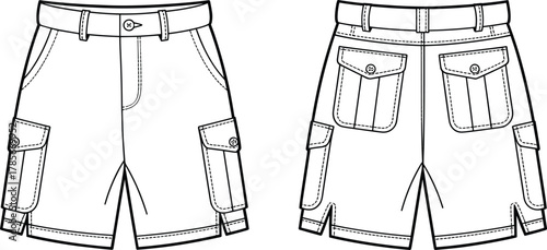 Cargo shorts front and back technical drawing, fashion flat sketch, apparel design illustration, knee length casual wear, clothing construction detail
