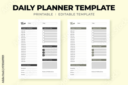Printable Daily Planner Template, Clean Layout for To-Do List, Priorities, and Schedule Tracking
