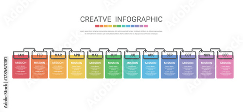 Presentation business infographic template, Timeline for 12 months, 1 year, can be used for workflow, process diagram, flow chart.
