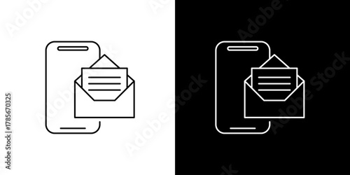 Smartphone with new message notification icon. Line art vector illustration of a mobile phone receiving an email in an open envelope