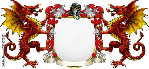 Welsh Dragons, symbol of Wales, coat of arms or crest family heraldry medieval heraldic knight shield with helmet and acanthus filigree scroll ornament in a vintage woodcut style.