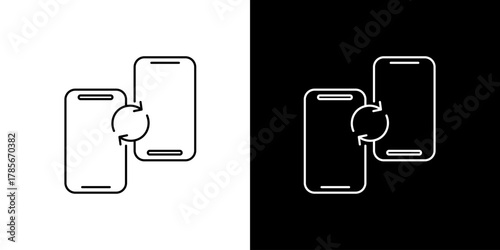 Minimalist line icon of two mobile phones synchronizing data, illustrating file transfer, device backup, and peer to peer pairing