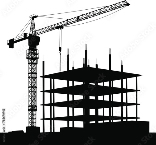 Construction site silhouette, tower crane, building framework, urban development, heavy machinery, architecture, engineering, industrial structure, city growth, modern construction project